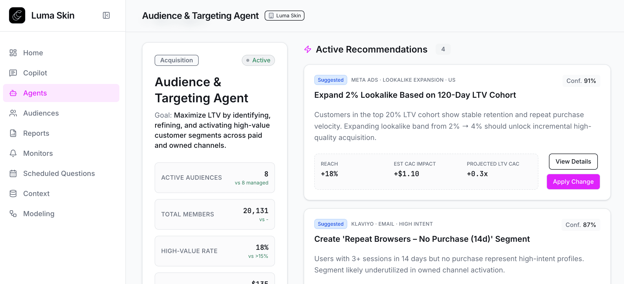 Chord Audience & Targeting Agent — active recommendations with confidence scores
